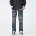 American Style Loose Broken Patch Straight Retro Denim Jeans pant Trousers Men