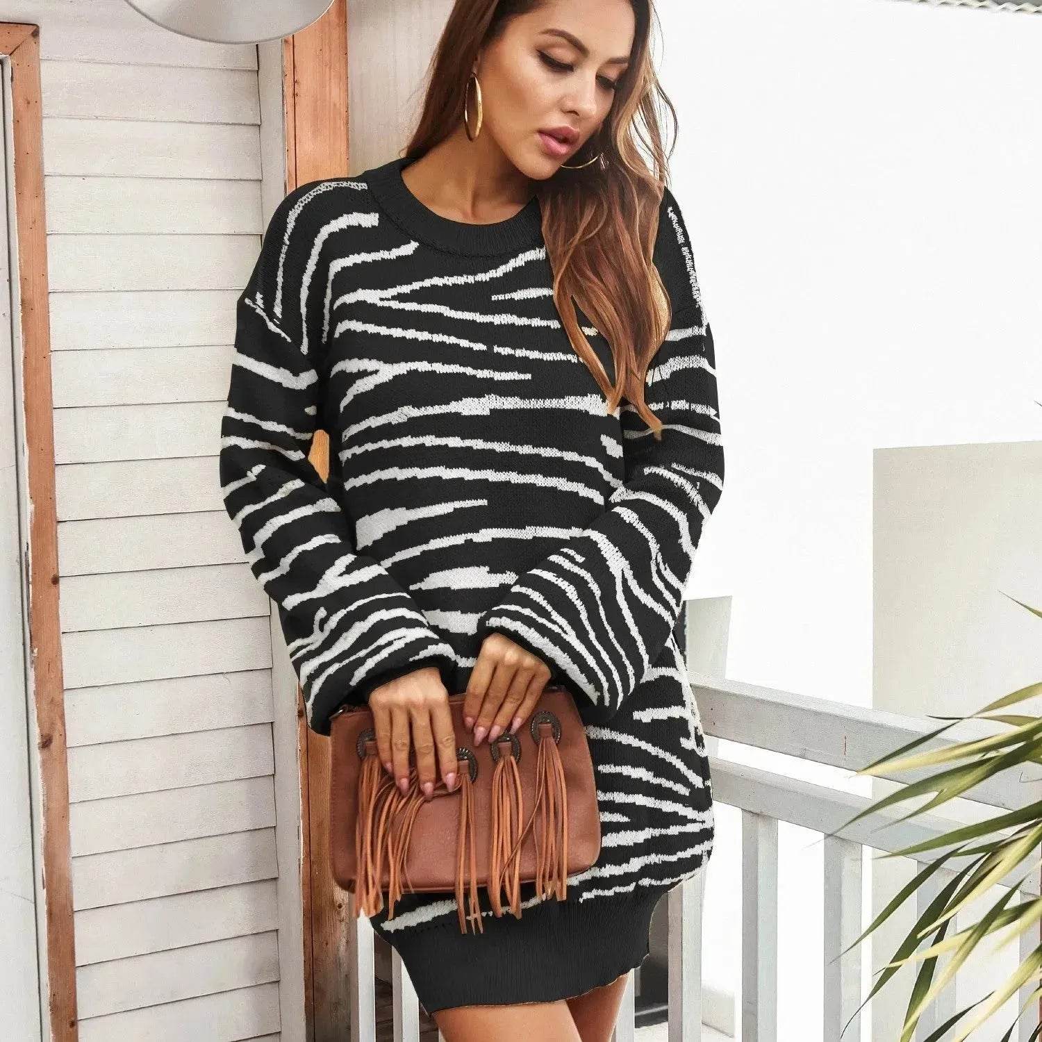 Oversized Autumn Winter Woolen Round neck Mini Sweater Dress