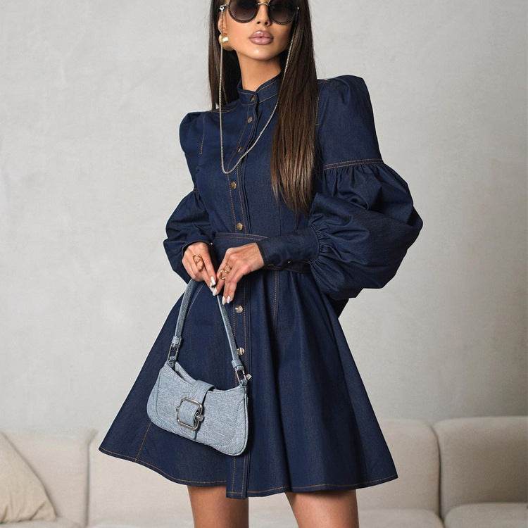 Classy Fashion Lantern Sleeve Button down Denim Shirt flared Mini Dress