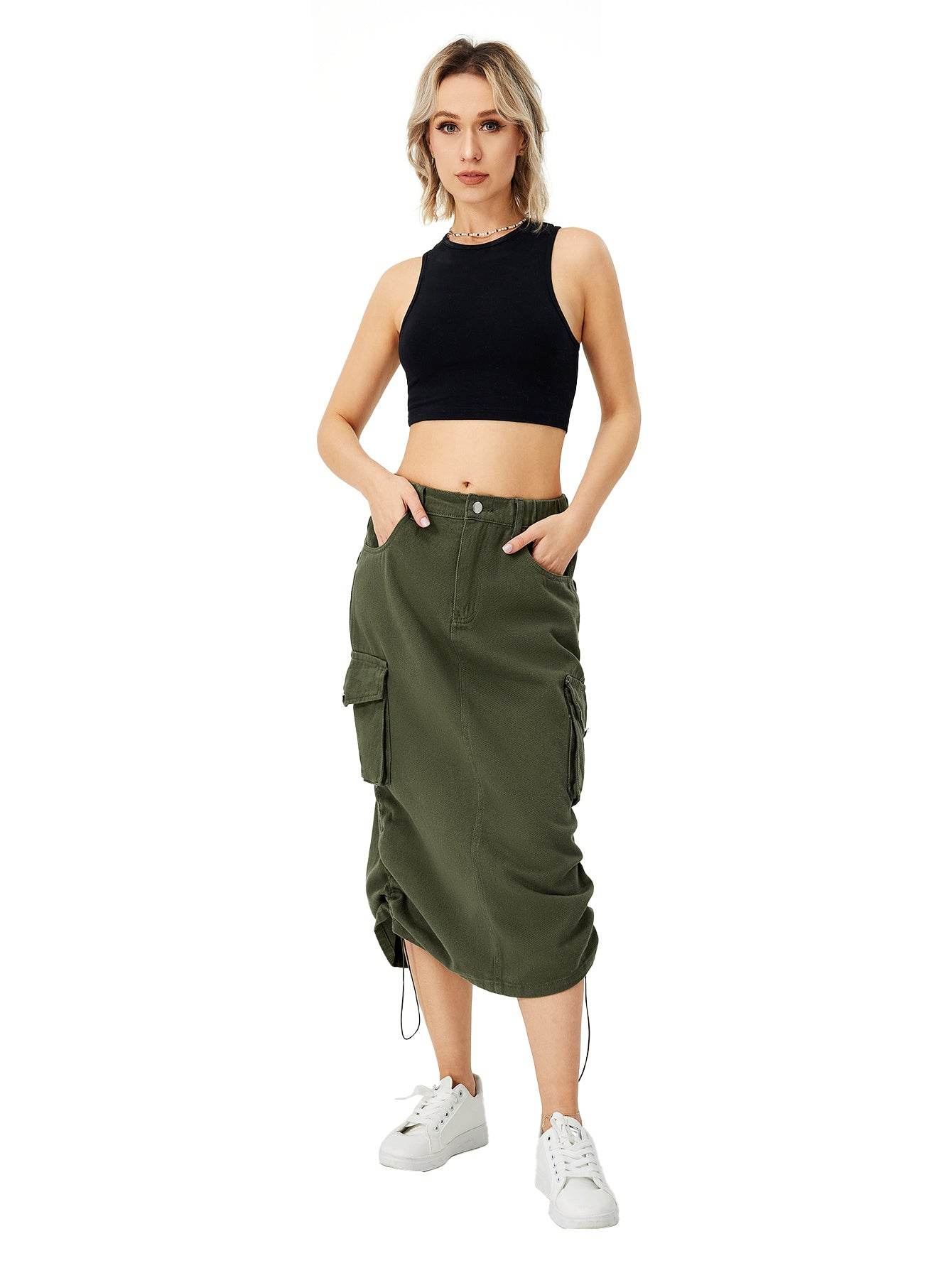 Women Casual Street wear High waisted Pencil Midi Cargo Skirt