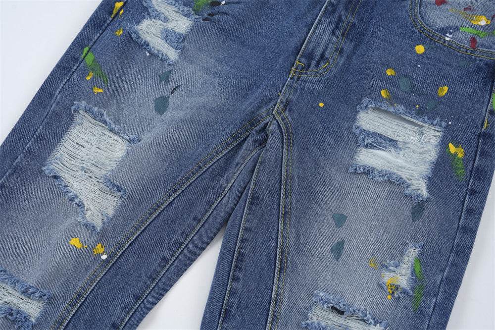 Ripped Paint Wide-leg Denim Trousers For Men Jeans