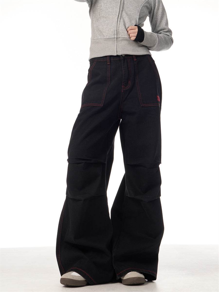 Contrasting Color Of Black And Red Workwear With Pocket Trousers