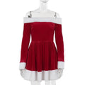 Women's Christmas Costume Santa Dress Plush Trim Boat-Neck Off-Shoulder Sleeve Dress New Year Party Cosplay Costume