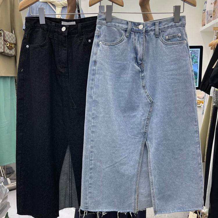 Casual Front Slit Dark Blue and Light Blue Denim Midi Skirt for women