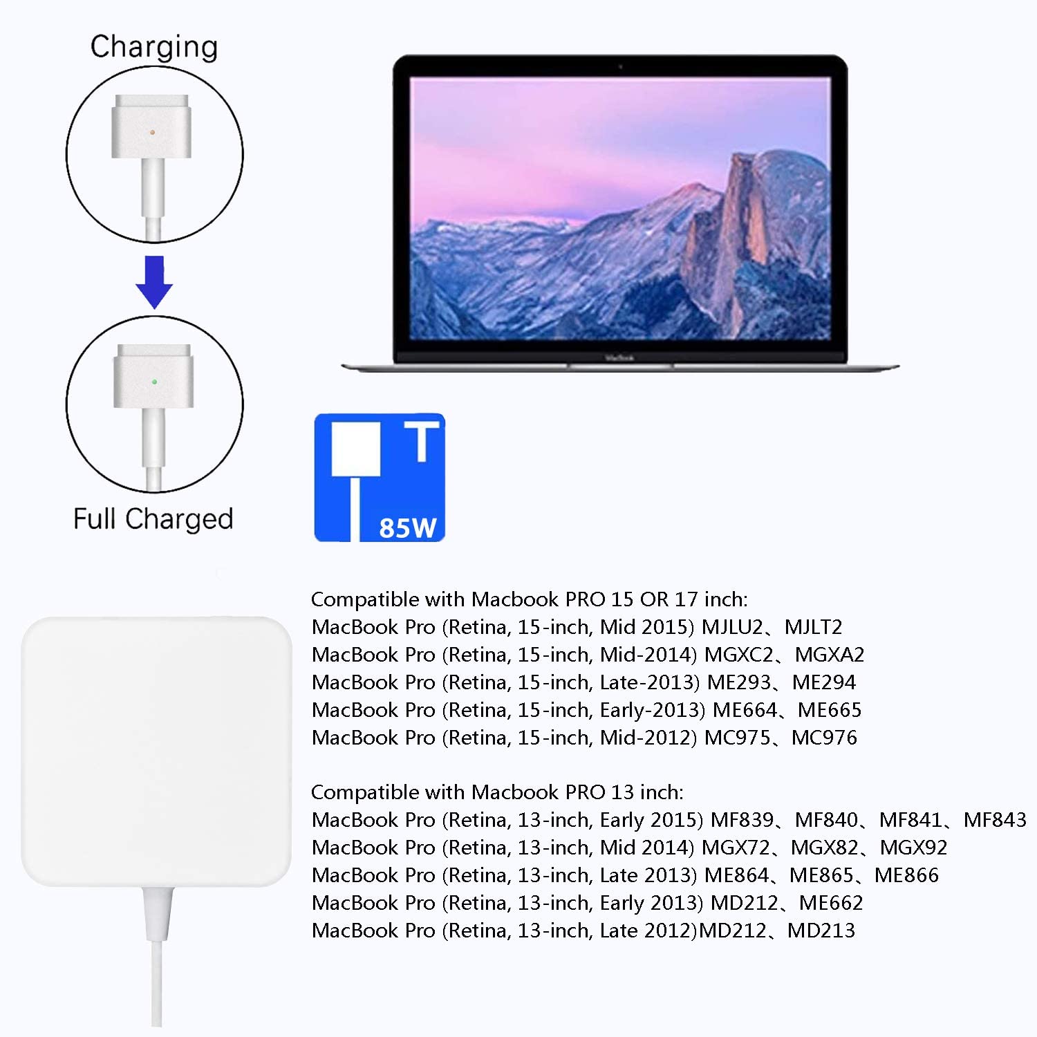 60w magsafe 2 t-tip ac replacement charger adapter compatible for mac book pro 2013 13 inch 16.5v 3.65a, mac book pro/air  (2012-2015)