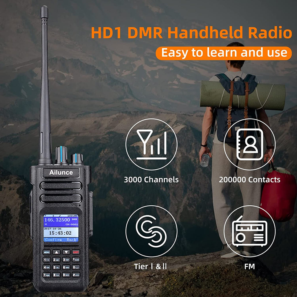 Ailunce hd1 dmr radio dual band, ip67 waterproof digital analog two way radio with usb programming cable