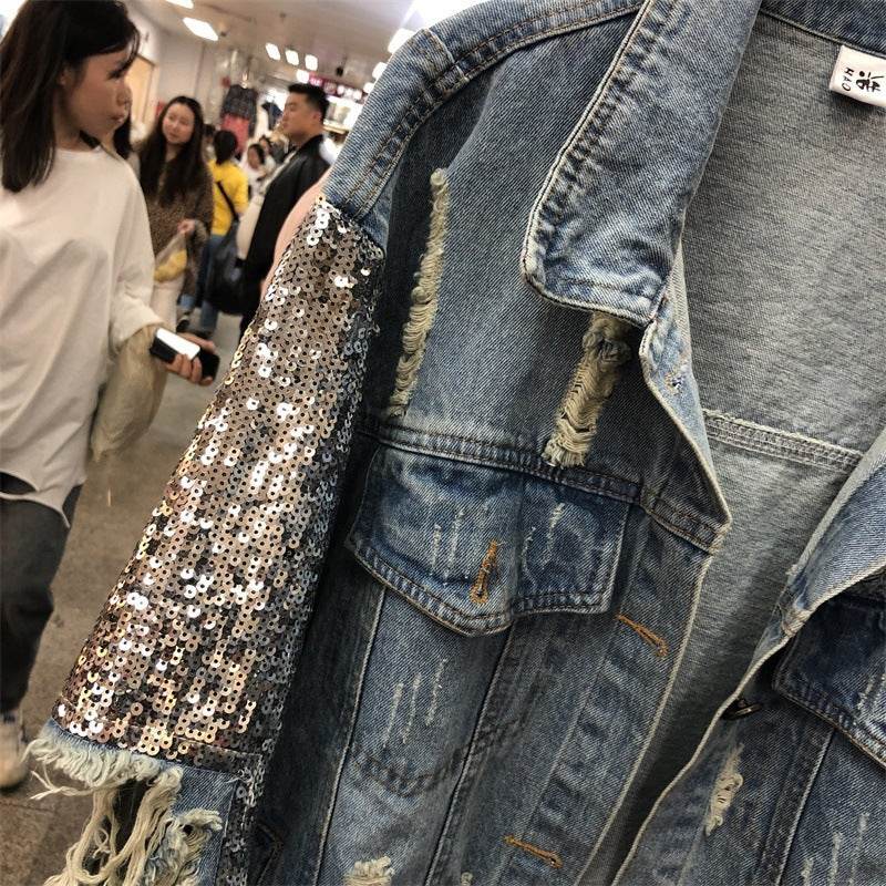 Street Fashion Heavy Industry lose Ripped Sequined Sleeve Denim Jacket Women