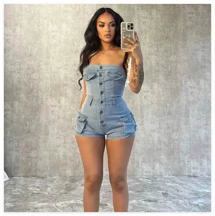 Women Denim Tube Romper Jumpsuit Strapless Bodycon Denim Short Jumpsuit