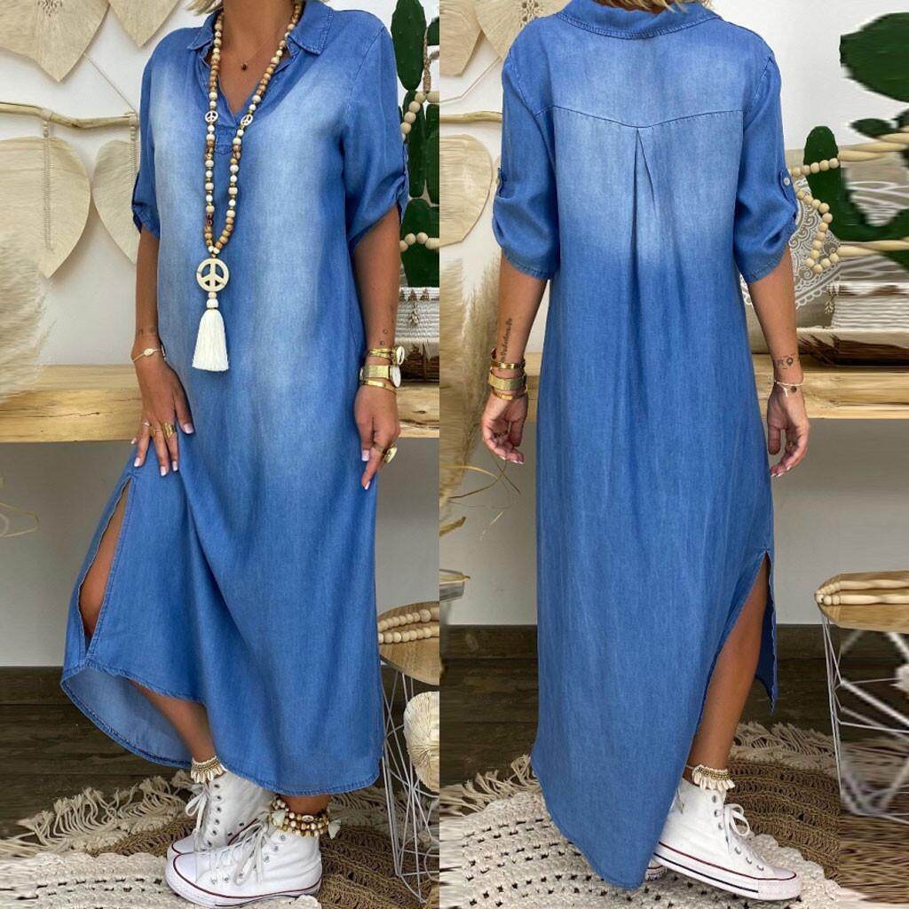 New washed denim dress Side Split Loose Mum Long Jeans Dress