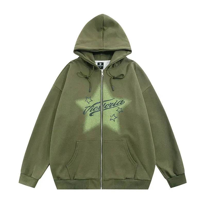 American street Star Printed Hoodie Cardigan unisex for fall winter