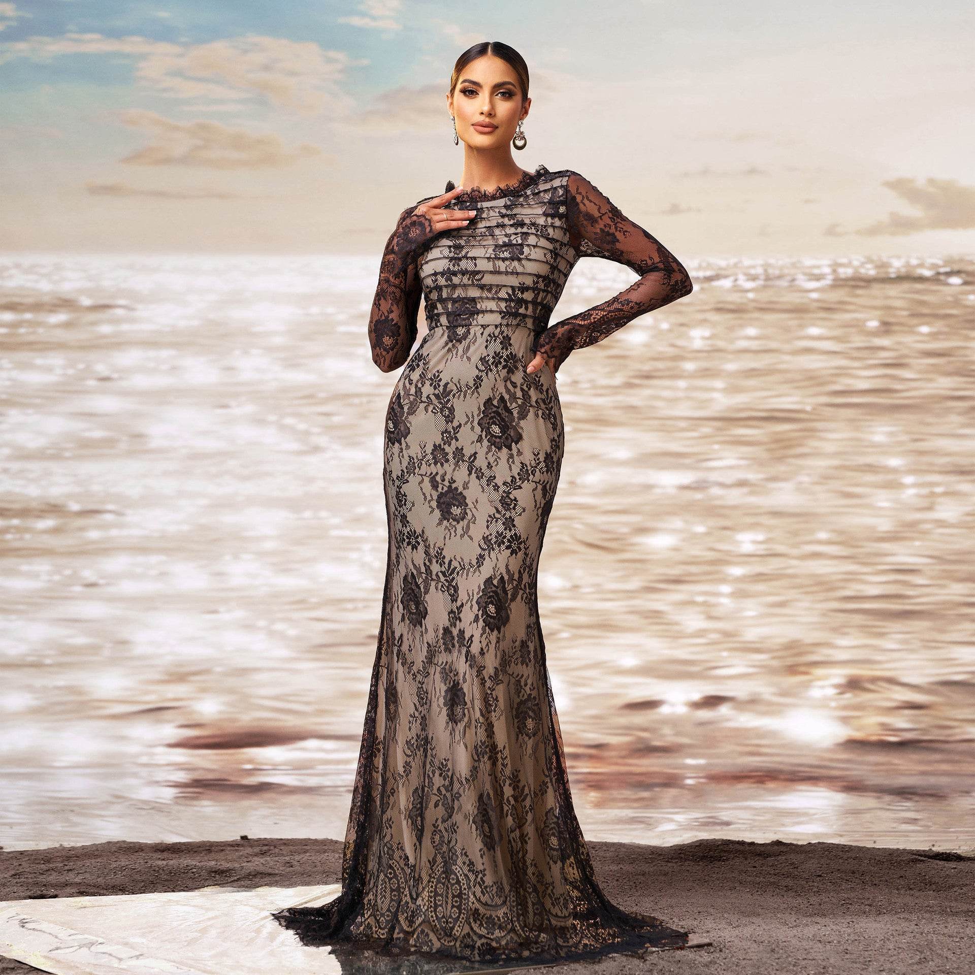Elegant Long Sleeve Gauze Sheath Fishtail Evening Party Dress