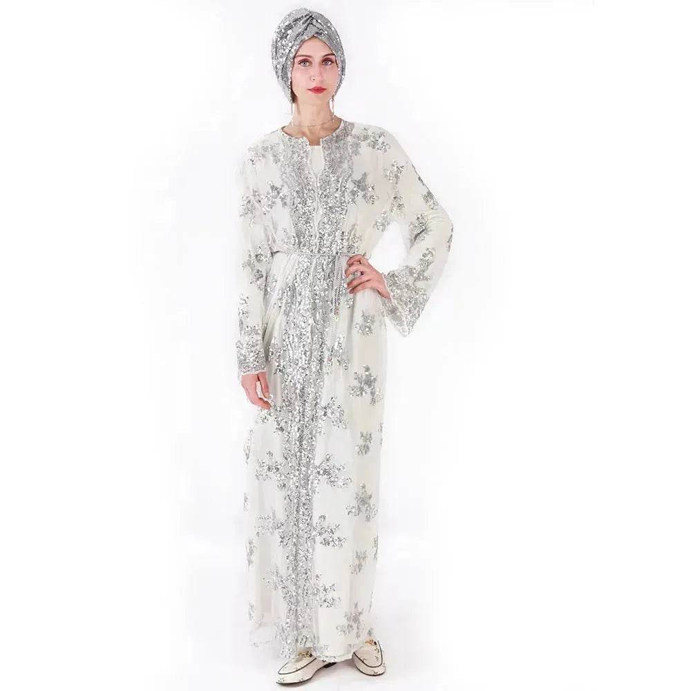 White Chiffon Sequin Embroidery Dubai  Abaya Kimono  Middle East ArabClothing