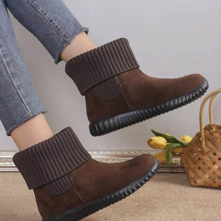 Women's Reversible Knit Flat Ankle Snow Boots | Suede Winter Boots