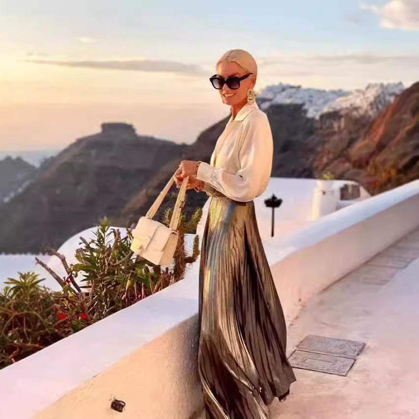 Satin Long Sleeve Shirt & Glossy pleated maxi Skirt 2pcs