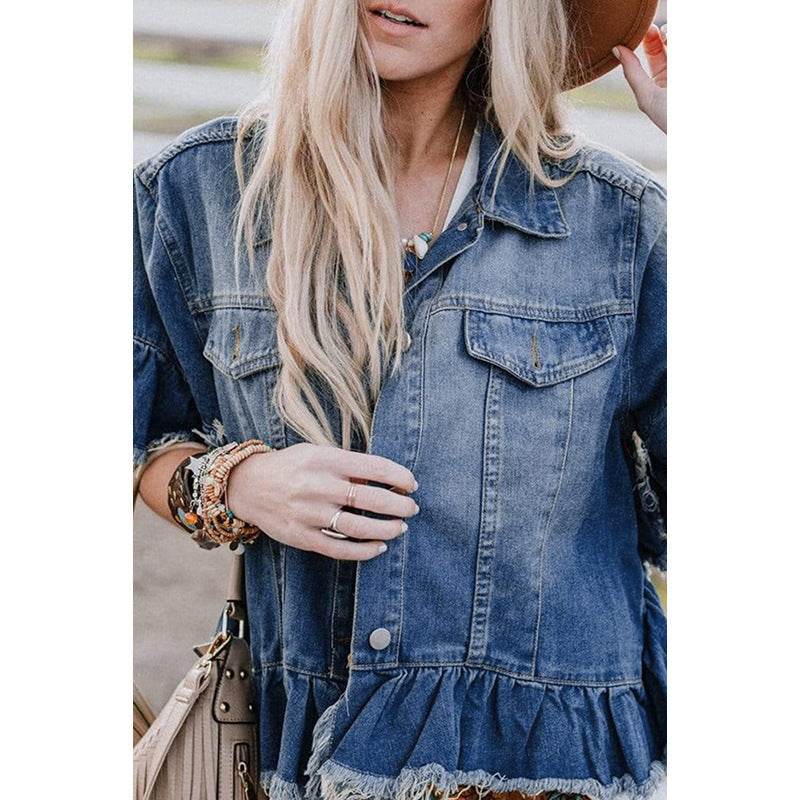 Loose Denim Jacket with Ruffled Sleeves Casual Cotton Style