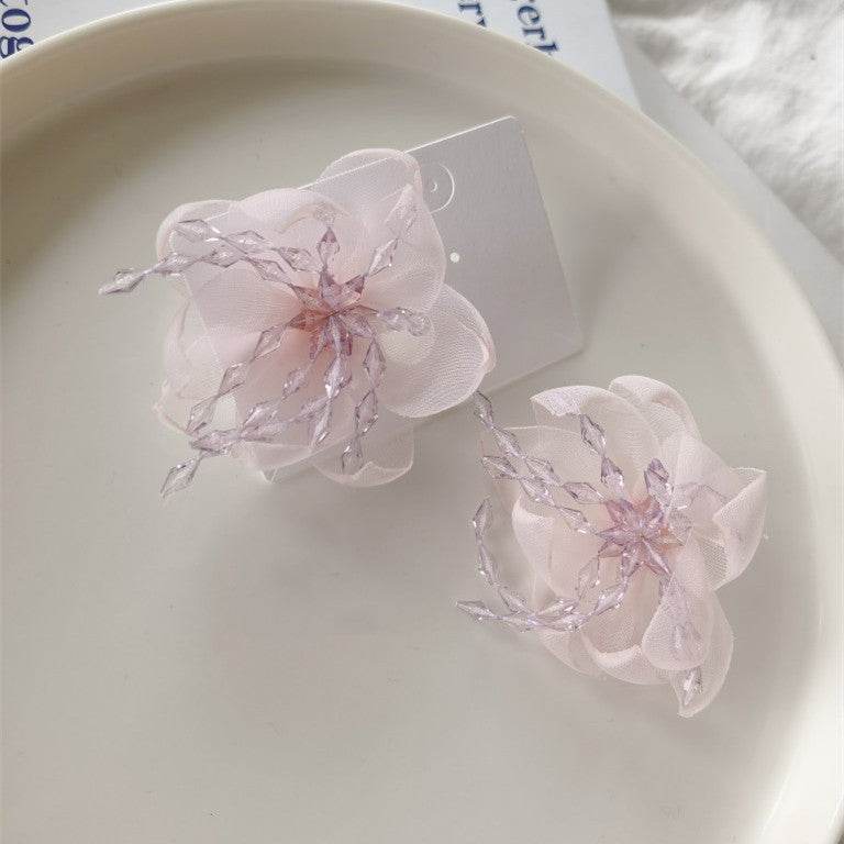 Temperament Flower Sweet Tulle Beaded Exaggerated Earrings