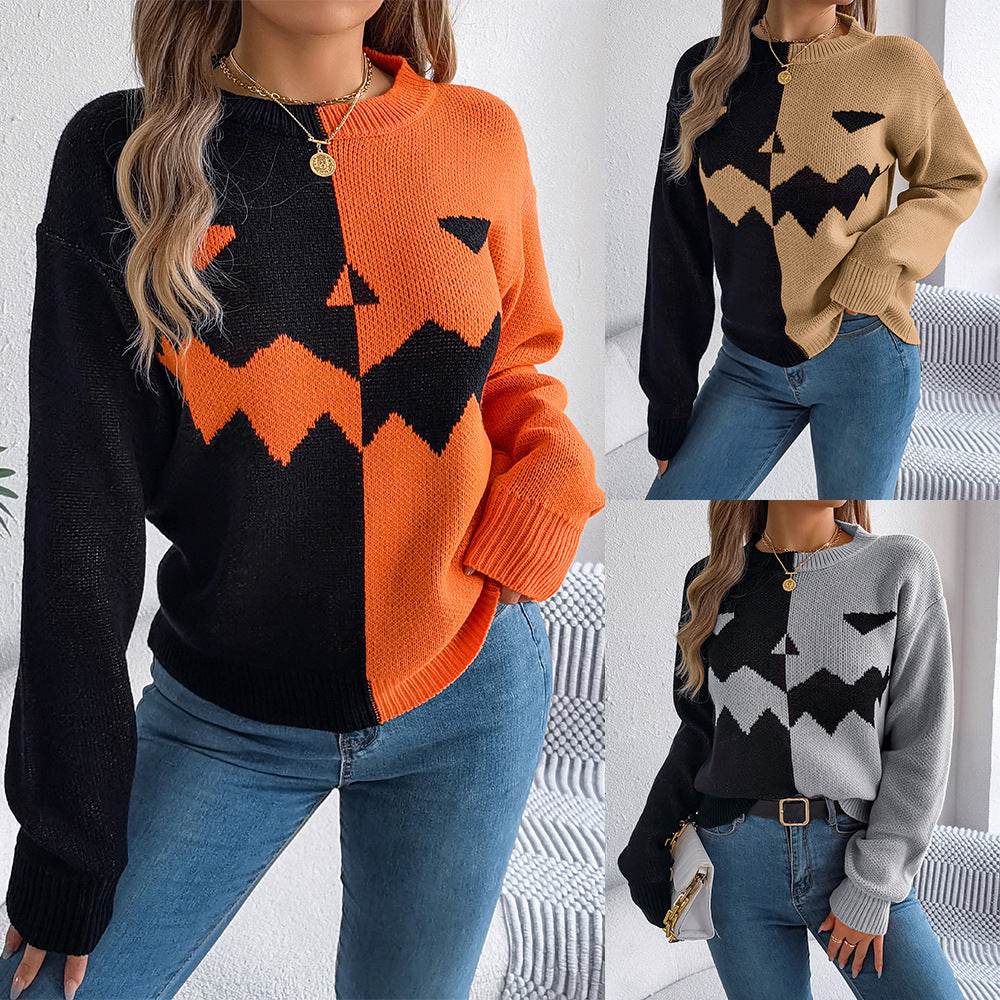 Pullover Sweater Womens – Halloween Spooky Pumpkin Fall Knit