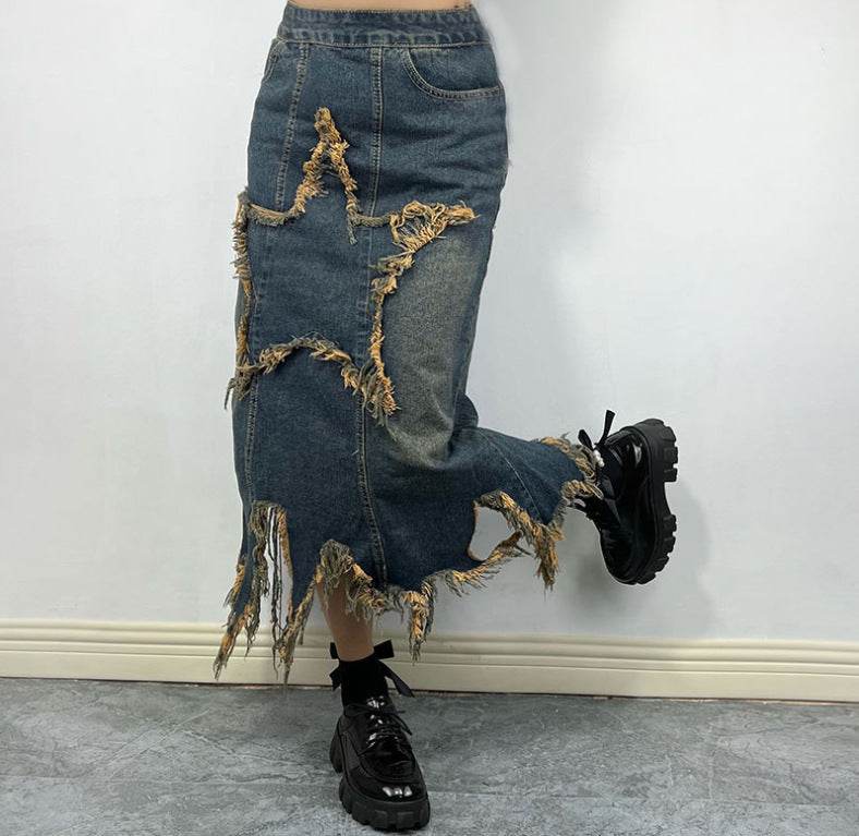 Women's American-style Retro High Waist Irregular Midi Denim Skirt