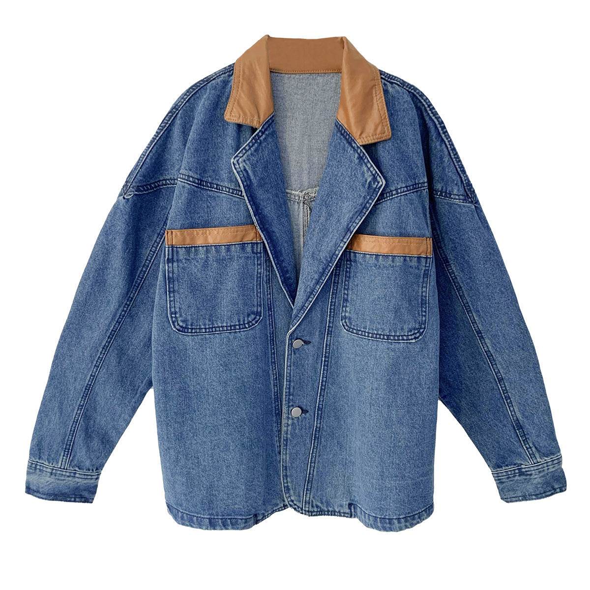 Plus Size Denim Jacket – Loose Fit Lapel Style in Denim Blue