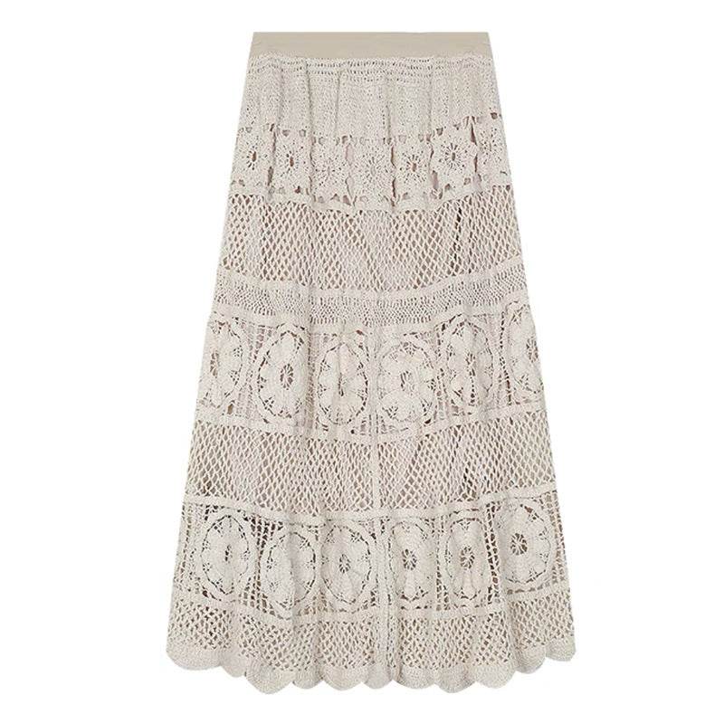 Retro Vacation Style Crocheted Hollow Beige Maxi Skirt
