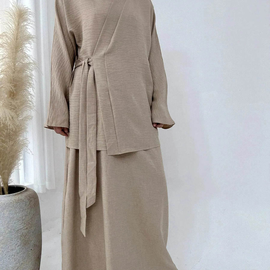 Plain Color Casual Lace Up Middle East Dubai Top And Skirt Suit Eid Abaya Jilbab Hijab Abaya for ArabWomen