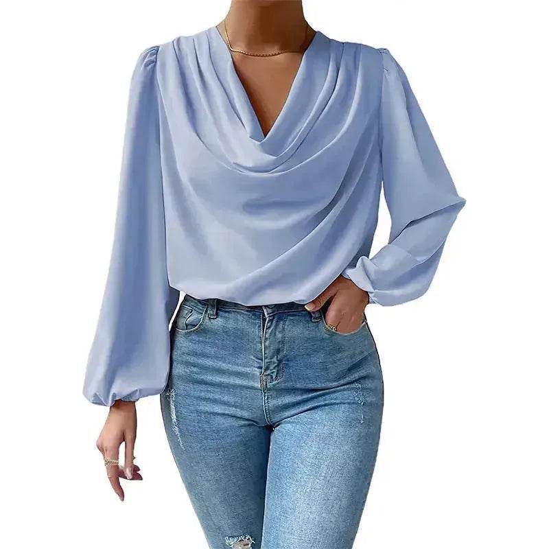 Casual Evening Top for Women Long-sleeved Shirt Loose V-neck chiffon blouse Top women