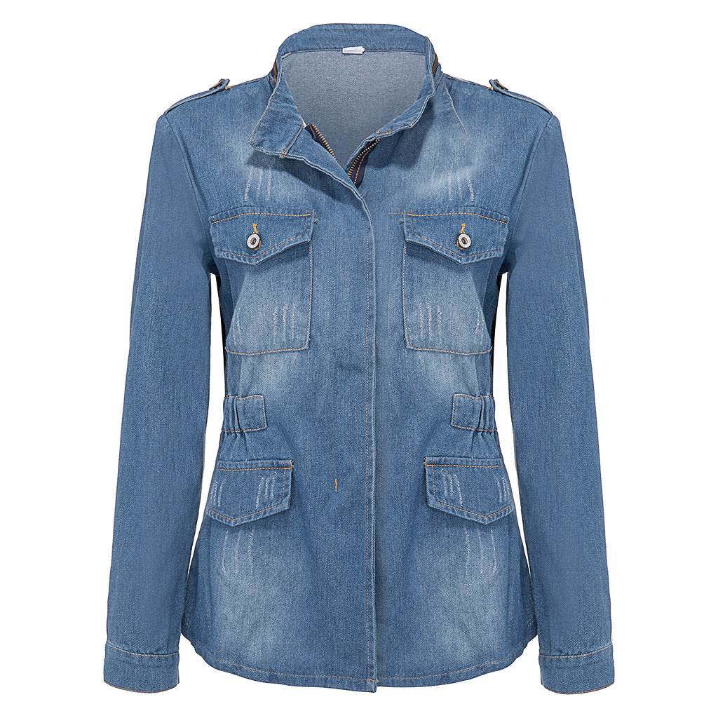 Fitted Zip up Lapel Women Denim Jacket
