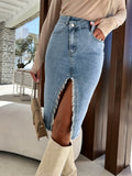 Fashion Solid Front Split Midi Denim Skirt