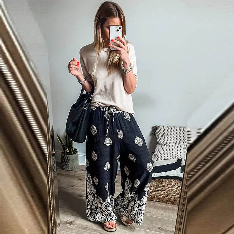 Casual Drawstring Spring Summer Wide Leg Linen Boho Pant women
