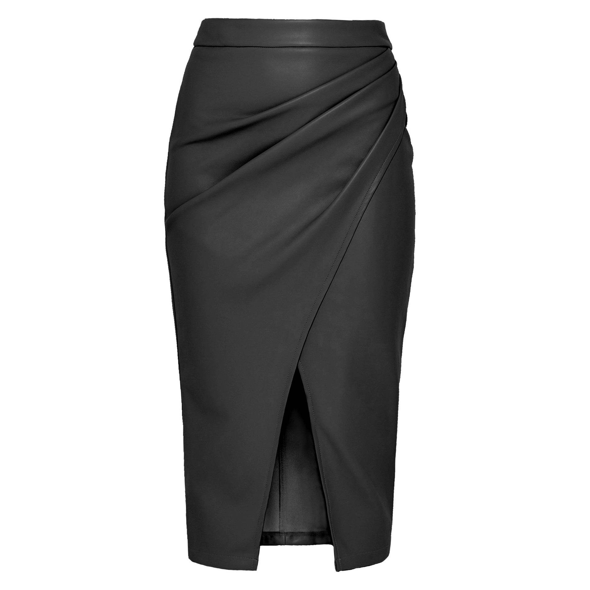 Women Formal Work Office Business High Waist Front Slit Midi Leather Skirt
