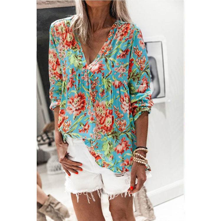 Women Casual Spring Summer New Style Blouse top Printing V-Neck Long-Sleeved