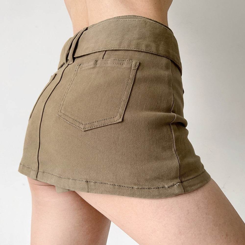 American Retro Wide Waistband Denim Mini Skirt with Belt