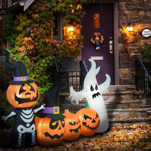 HOMCOM 7.5ft Halloween Inflatables Pumpkin Ghost Family, Blow Up Halloween Decorations Outdoor LED Yard Display, Waterproof