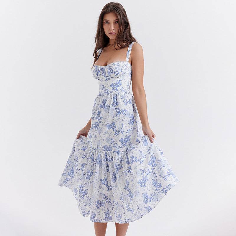 Spring And Summer Comely Pastoral Style Sling Floral A Swing Cake Dress