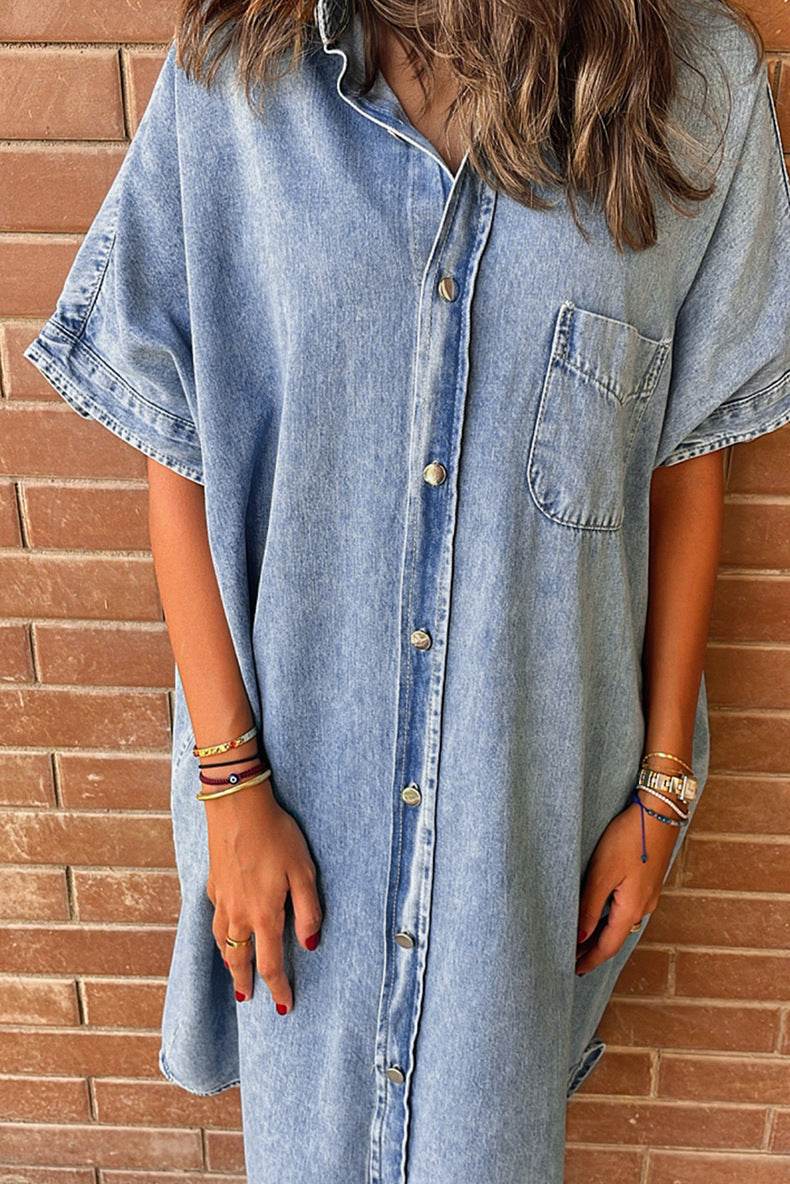 Women's Solid Color Single Row Multi-buckle loose Dress Short Sleeve Denim