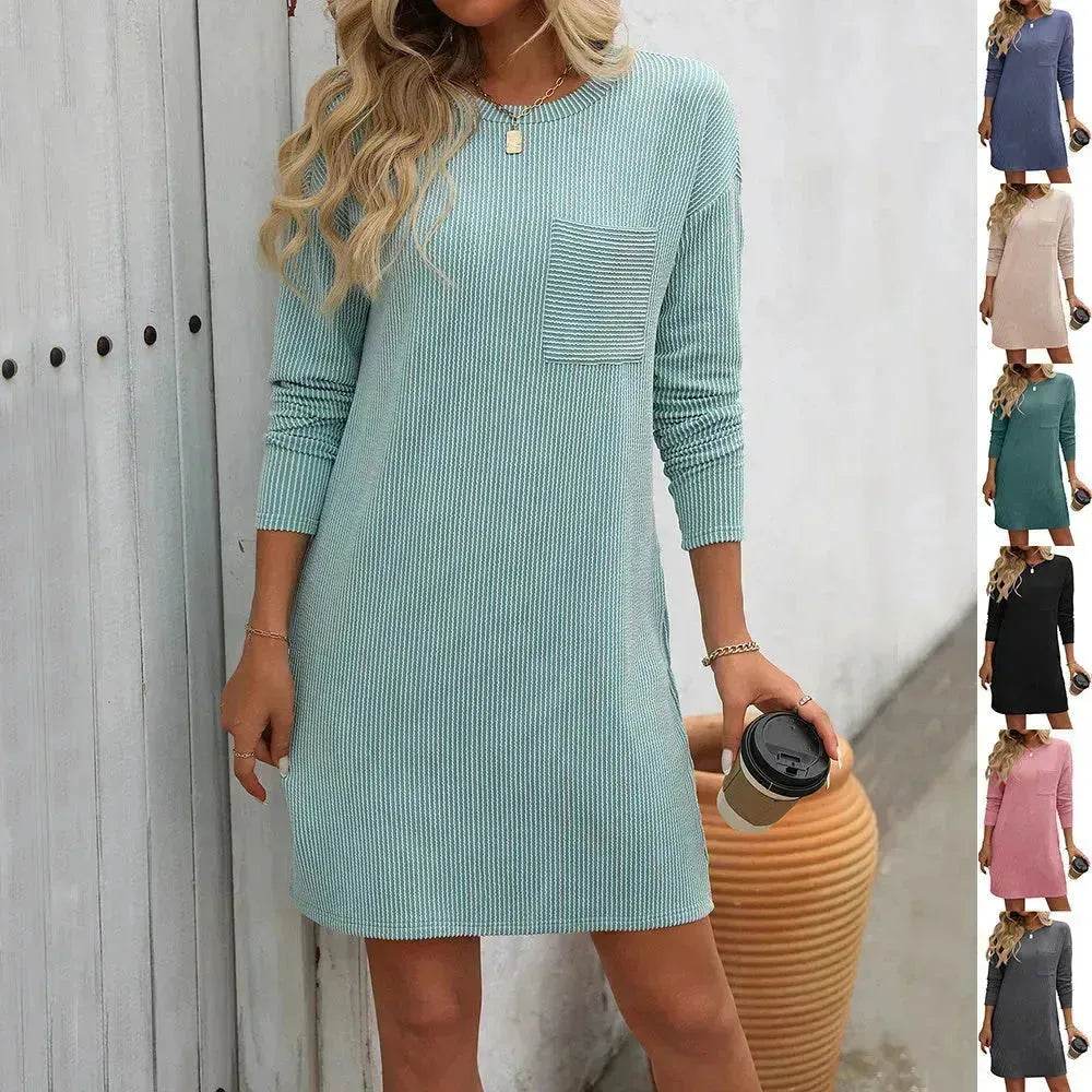 Casual New Solid Color Striped With Pockets Long Sleeve Loose Mini Dress Fashion Round Neck Straight Dress Women's Clothing