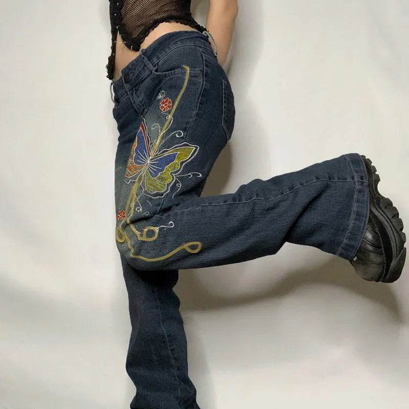 Fashion Women's Sexy High Waist Retro Individual Butterfly Print Bootcut Jeans