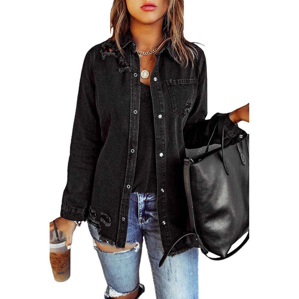 Long Sleeve Jeans Jacket Loose Fit Mid-Length Black