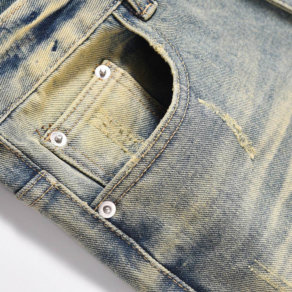 Distressed Scratches Denim Straight-leg Pants Men Jeans