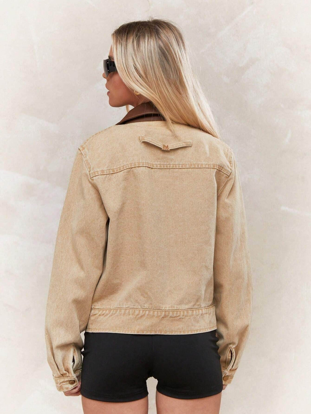 Apricot Collar Zipper Denim Jacket For Women