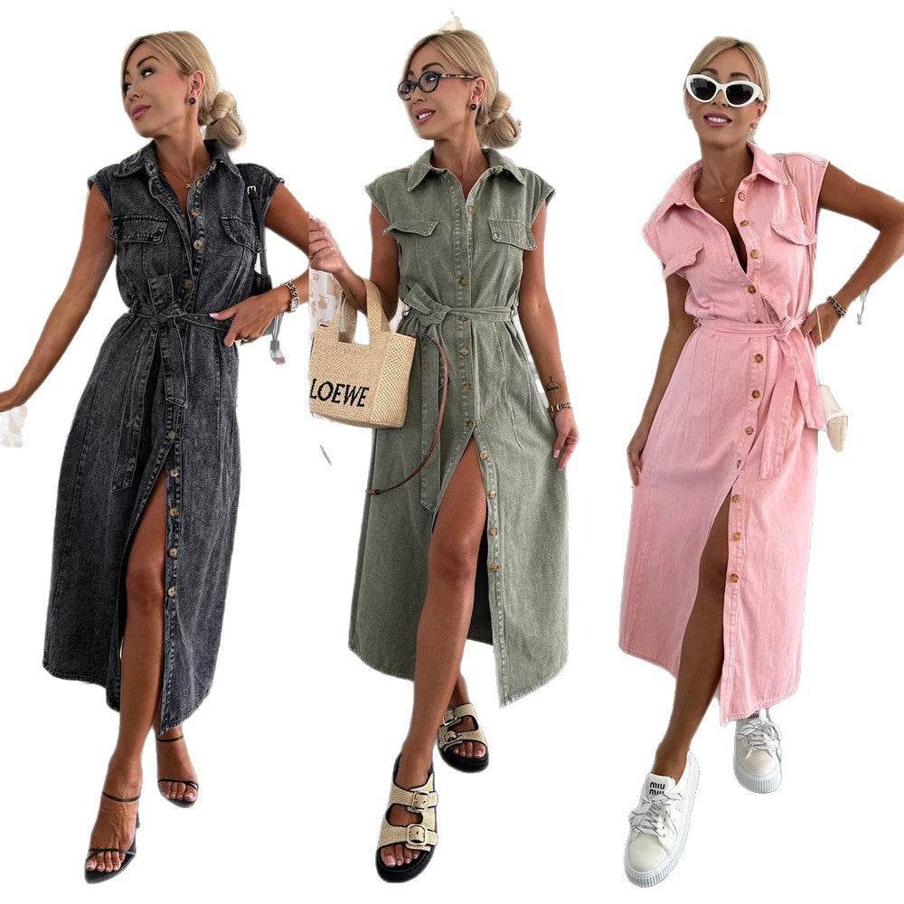 Elegant Lapel Single Breasted Button down Denim Midi Dress Tie belt Split Jeans Dress