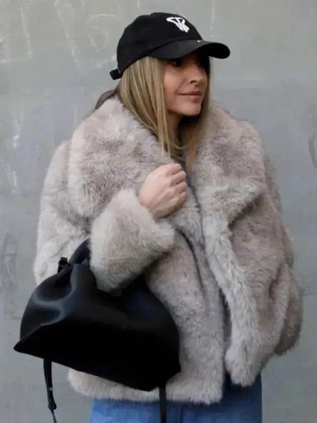 Winter Plush Open front Coat Thick lapel Outwear Faux Fur Coat women