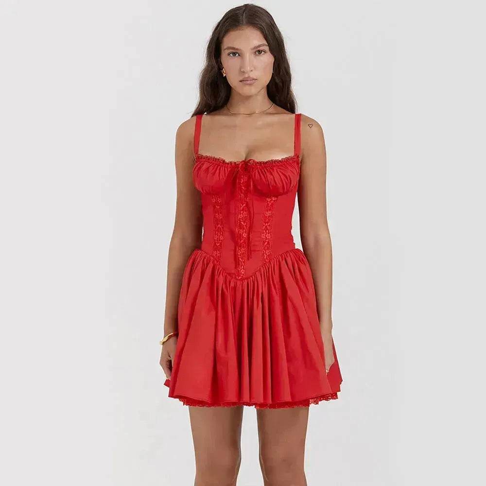 Elegant Chic Women Suspender Mini Skater Dress Summer Fashion Lace-up Slim Waist Pleated Short Dresses For Evening Party Cocktail Occasions