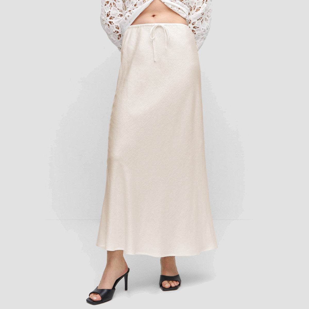 High Quality Satin Silk High Waist Drawstring Lace-up Solid Women Satin Midi Skirt