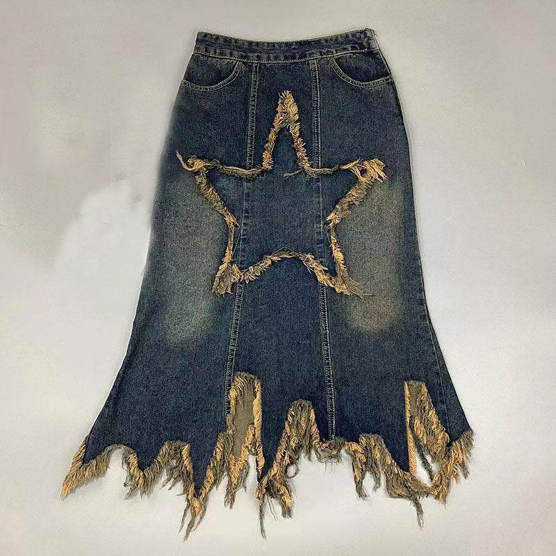 Women's American-style Retro High Waist Irregular Midi Denim Skirt