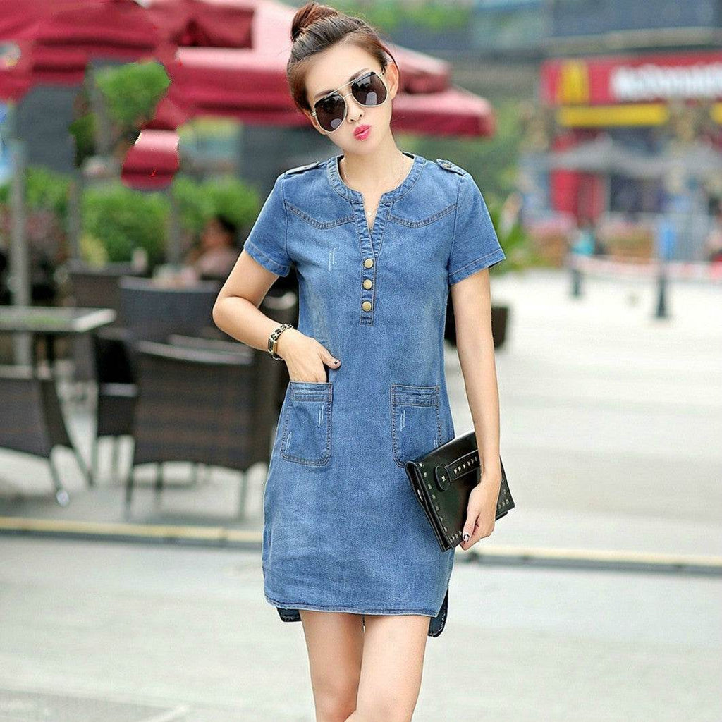Women's Casual Denim Mini Dress – Loose Jean Dress in Dark Blue & Light Blue | Plus Size S–5XL
