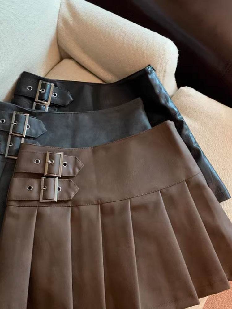 Women's American-style Vintage Mini  Pleated Leather Skirt