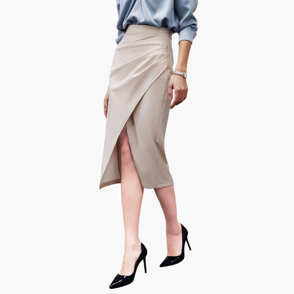Women Formal Work Office Business High Waist Front Slit Midi Leather Skirt