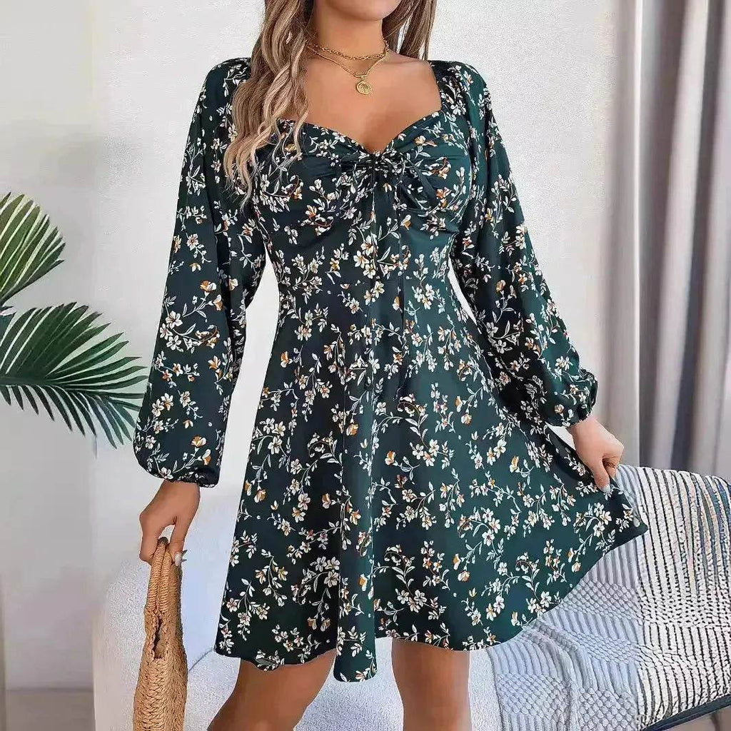 Casual Summer Floral Mini Dress Lantern Sleeve  Skater Dress