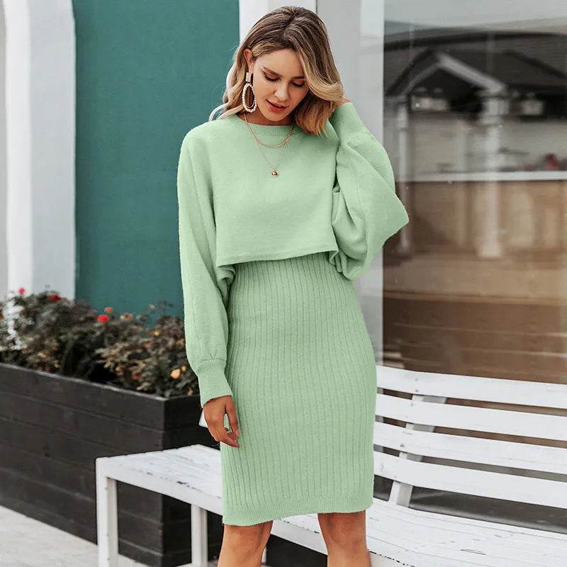 Women 2pcs Winter Outfit Cashmere dress Cropped Pullover top